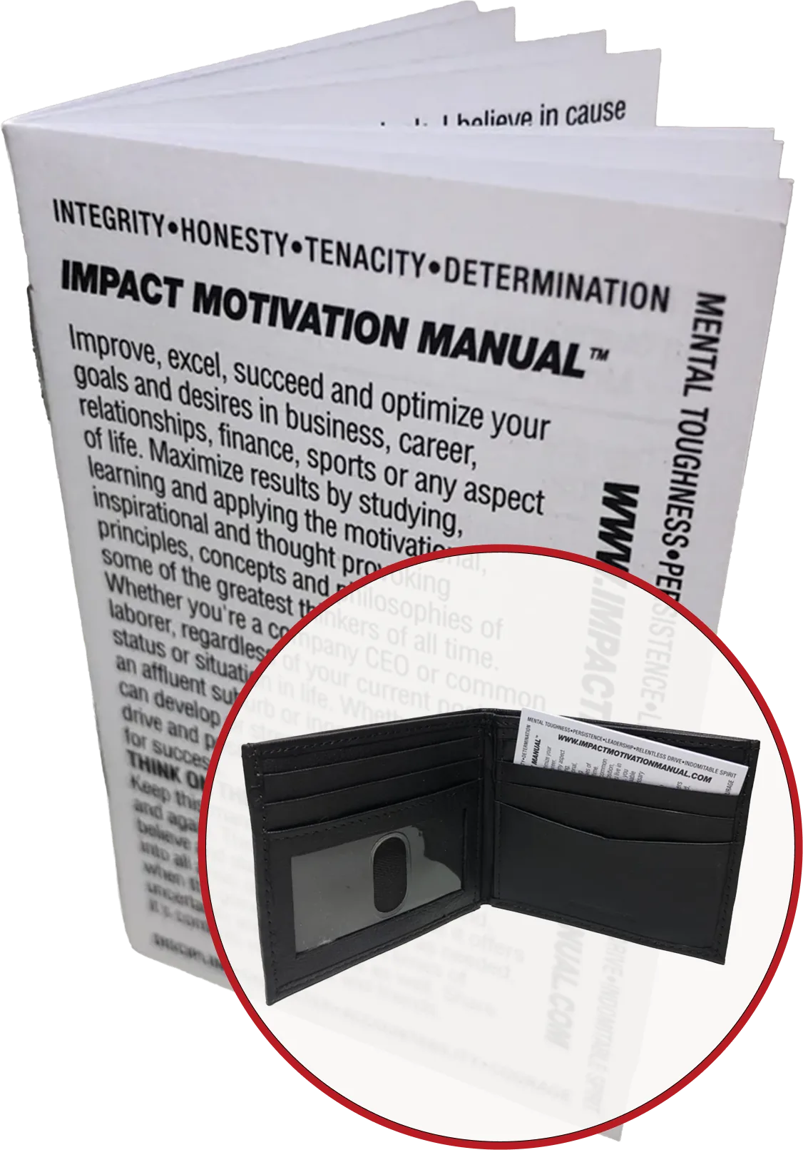 The Impact Motivation Manual, pocket-sized and shown tucked into a wallet